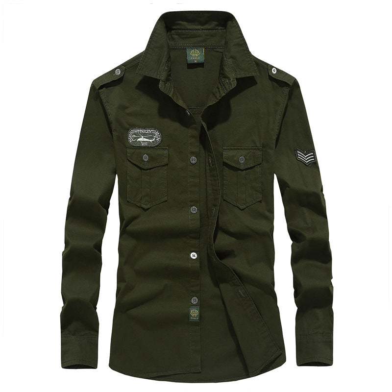 Herren nan militärisch inspiriertes Utility-Hemd aus Baumwollmix mit Epauletten, Brusttaschen und Emblem-Patches Drune