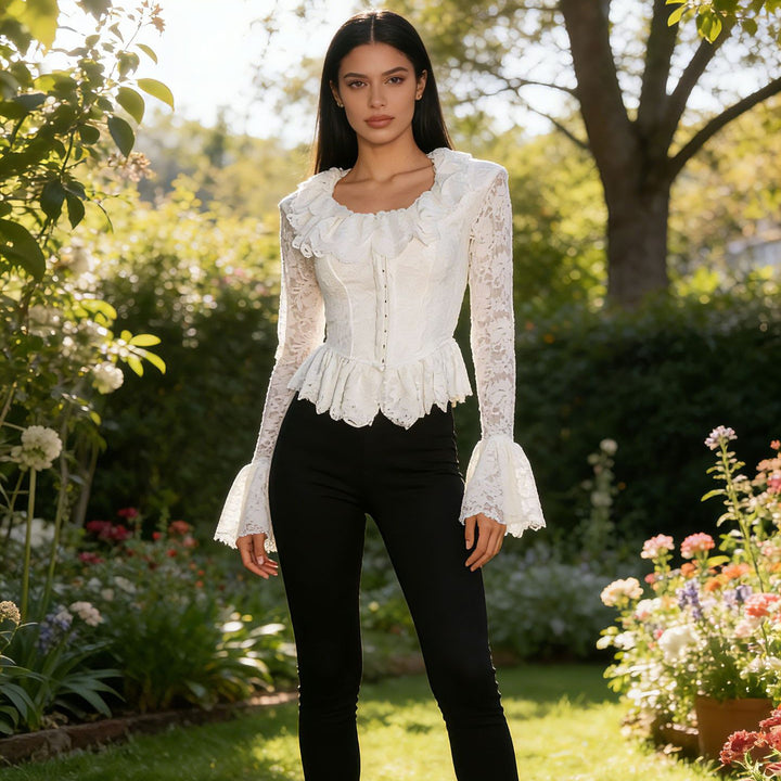 Damen Spitzen-Corsage mit Rüschenkragen und Glockenärmeln Drune