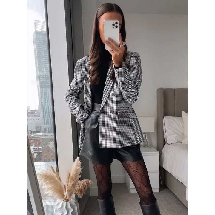 Damen kariertes Blazerjacke mit doppelter Knopfreihe und idealem Schnitt Drune