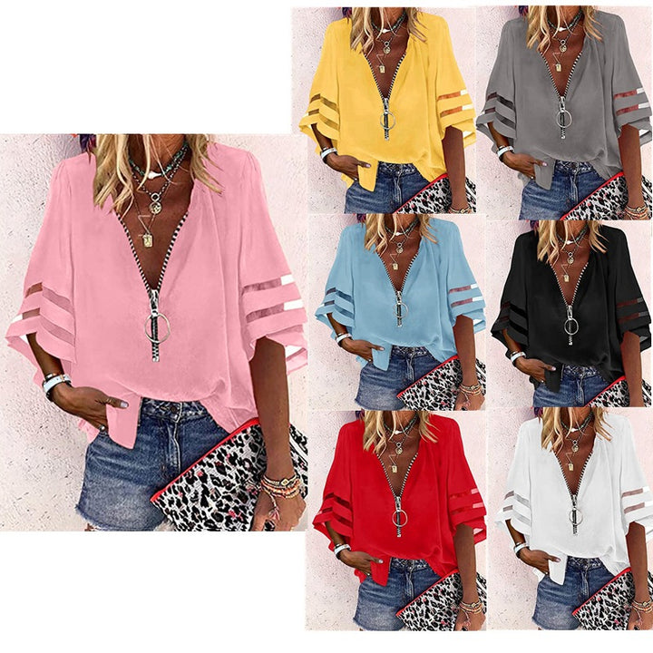 Damen V‑Ausschnitt Bluse mit dekorativem Ringreißverschluss und Cut-Out-Ärmeln Drune