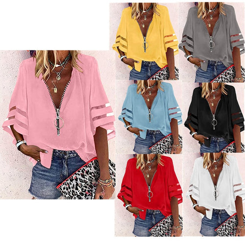 Damen V‑Ausschnitt Bluse mit dekorativem Ringreißverschluss und Cut-Out-Ärmeln Drune