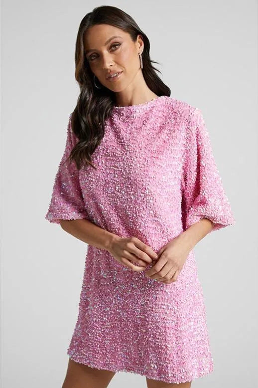 Damen Funkelndes Pailletten-Kleid mit lockeren Ärmeln und Rundhalsausschnitt Drune