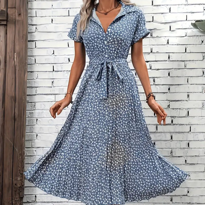 Damen Maxikleid mit knöpfbarem Kragen und Bindegürtel Drune