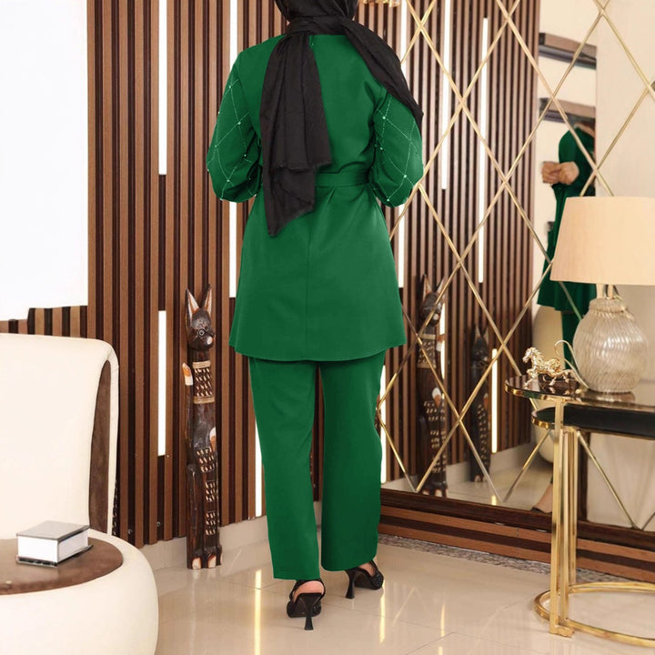 Damen Elegantes zweiteiliges Tunika-Set mit Taillengürtel und Zierärmeln Drune