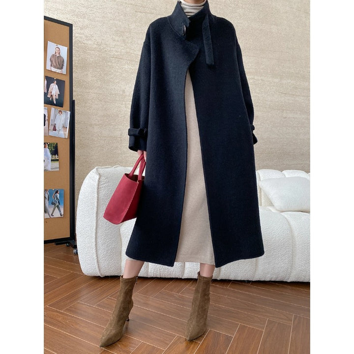 Damen eleganter langer Mantel aus hochwertigem Wollmix mit modischem Revers Drune