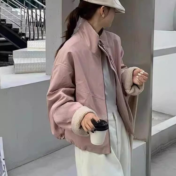 Damen Kurze Oversize Bomberjacke mit Teddyfutter an Bündchen und Stehkragen Drune