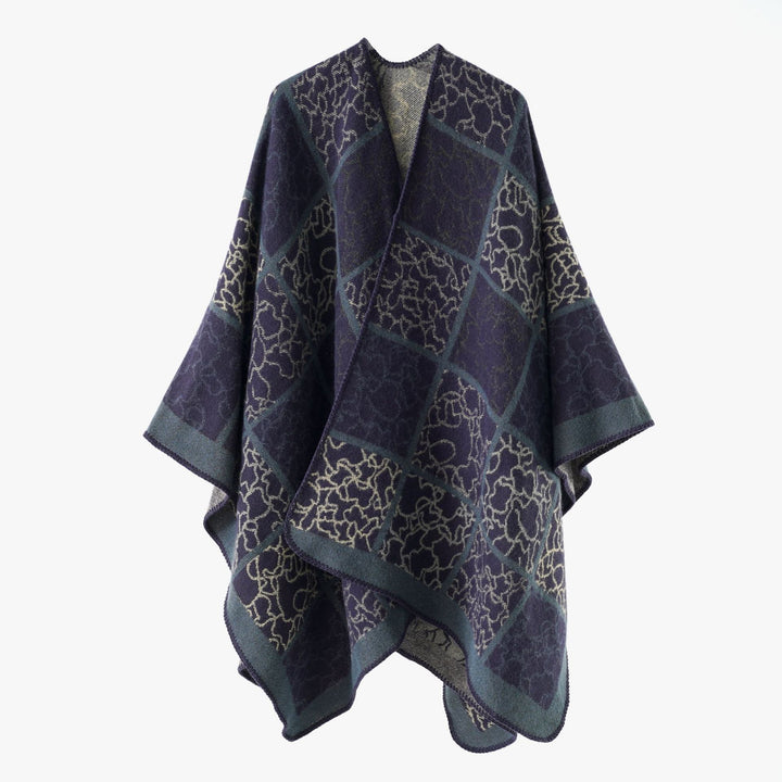Damen Cape‑Überwurf aus Wollmix mit grafischem Karo‑Jacquard und offener Kimono‑Silhouette Drune