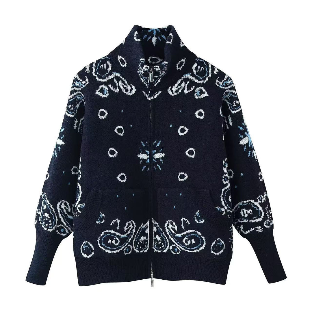 Damen Grobgestrickte Strickjacke mit Reißverschluss, Paisley‑Jacquard und Stehkragen Drune