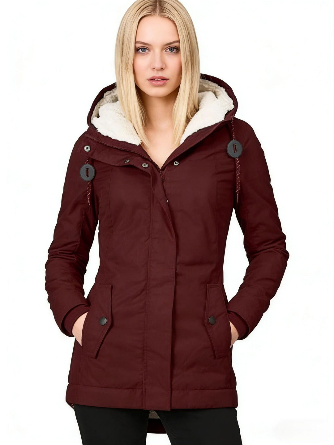 Damen Wasserabweisender Parka mit Teddyfutter, Kapuze und Taillierter Passform Drune