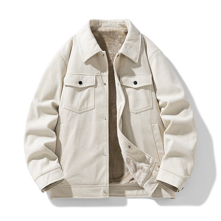Männliche -Cord-Jacke mit Kunstschafsleder-Futter und Druckknopfverschluss Drune