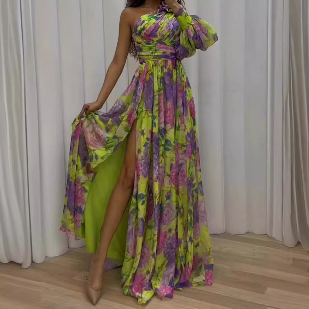 Damen Maxikleid mit asymmetrischem Träger und elegantem Floral-Design Drune