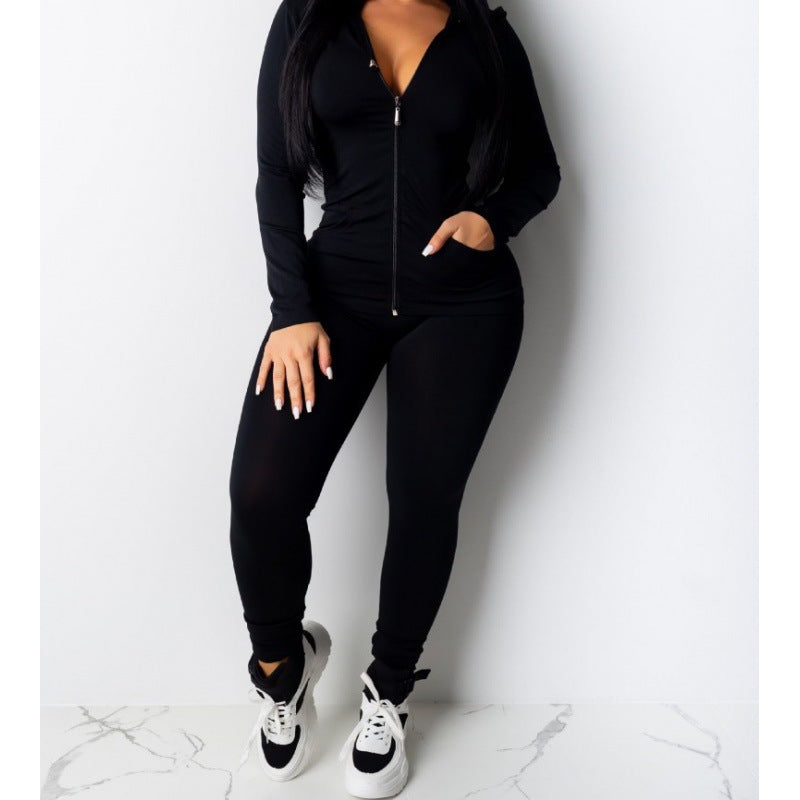 Damen sportliches Zweiteiler-Set mit Kapuzenjacke und enganliegenden Hosen Drune
