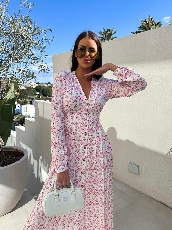 Damen Langarm Kleid mit floralem Design und tailliertem Schnitt Drune