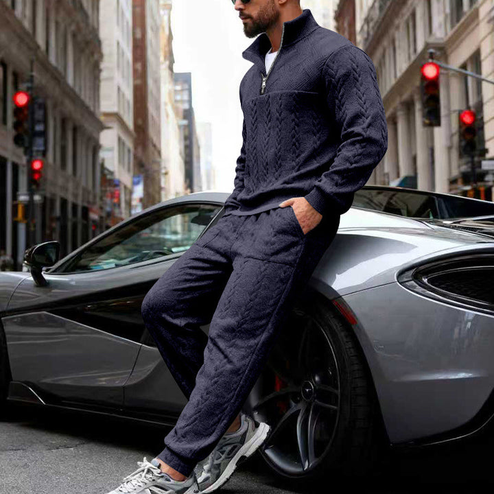 Herren Waffelstruktur-Halbzip-Loungewear-Set mit Cargo-Jogger Drune