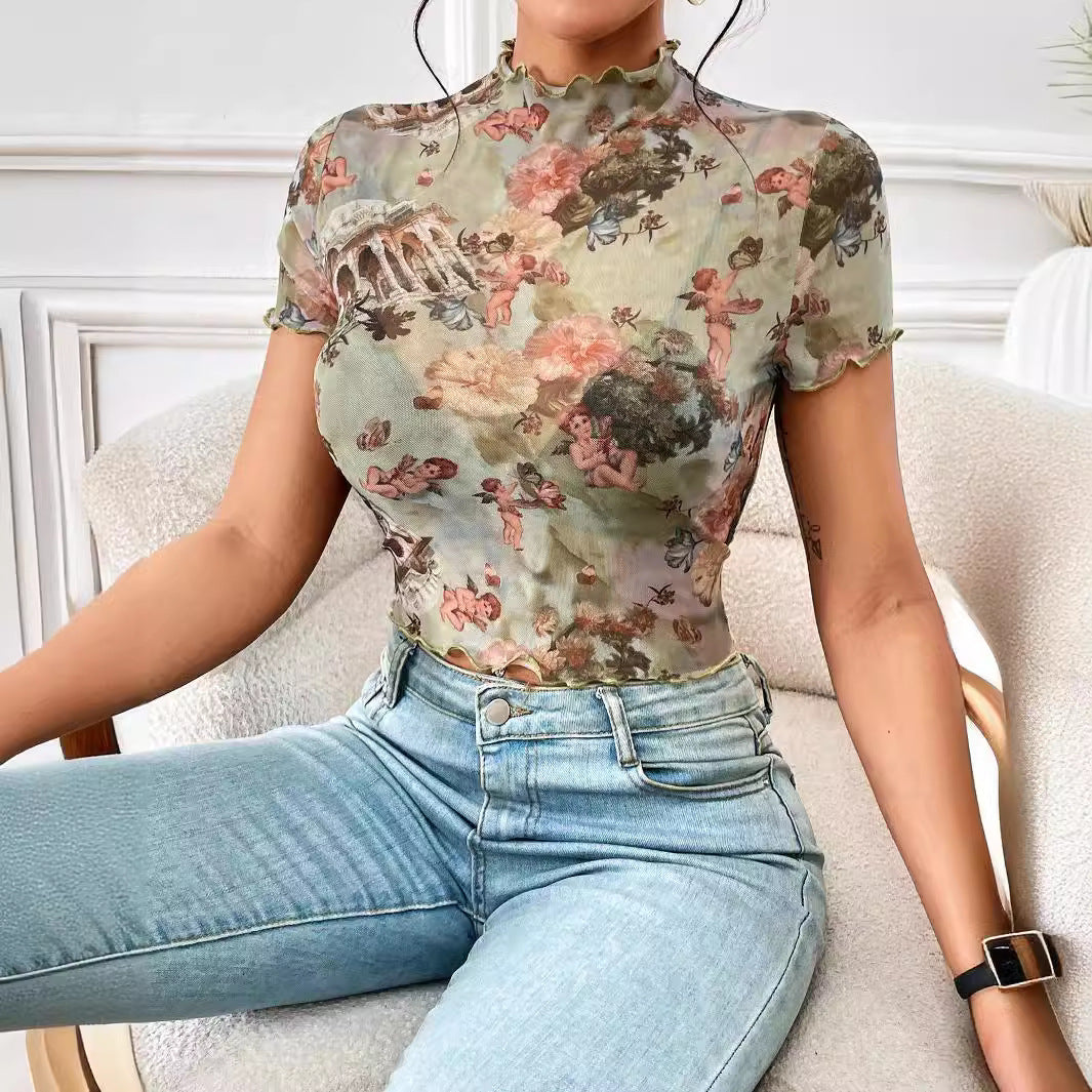 Damen nan figurnahes transparentes Mesh-Top mit barockem Engeldruck, Stehkragen und Kräuselsaum Drune