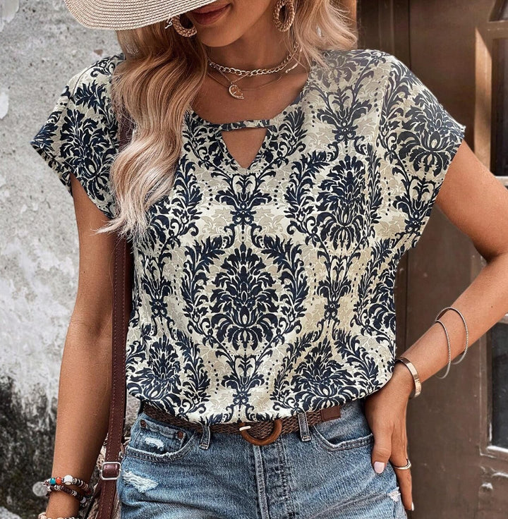 Damen Lässiges Kurzarm-Viscose-Top mit Keyhole-Ausschnitt und Barockmuster Drune