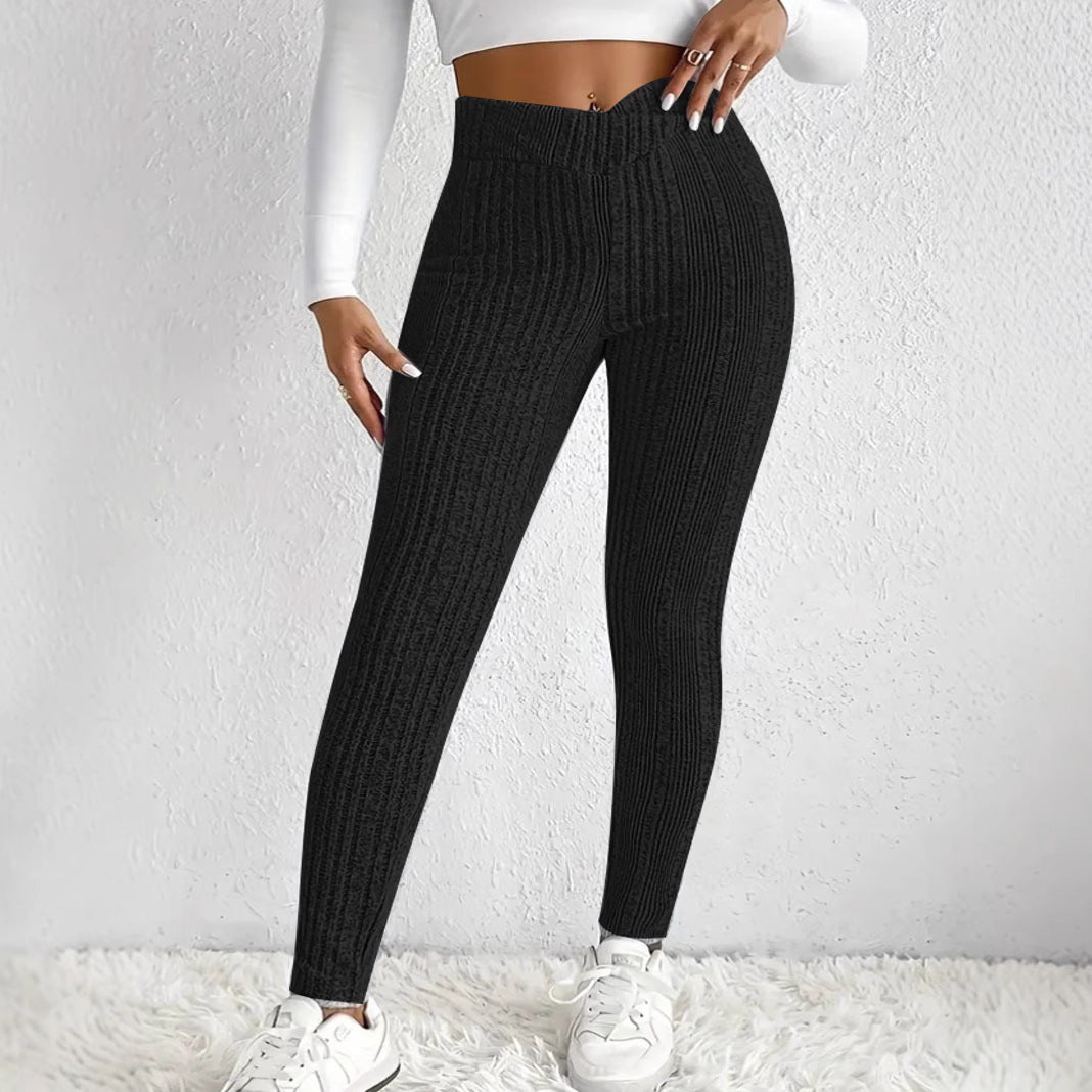 Damen Hochtaillierte Gerippte Feinstrick-Leggings mit Formbund und Stretchkompression Drune