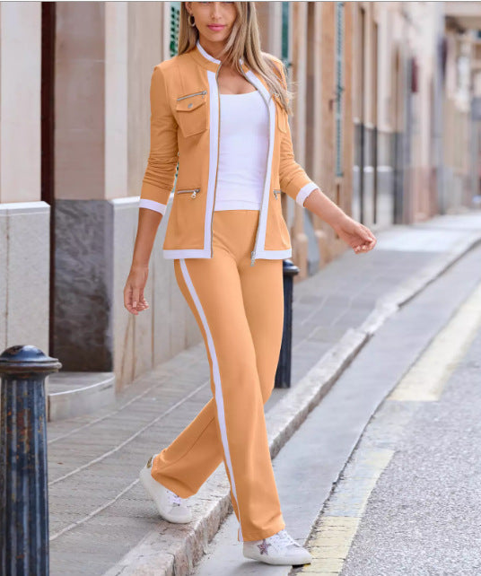 Damen Casual-Trainingsanzug im Blazer-Stil mit Reißverschlussjacke und Seitenstreifen Drune