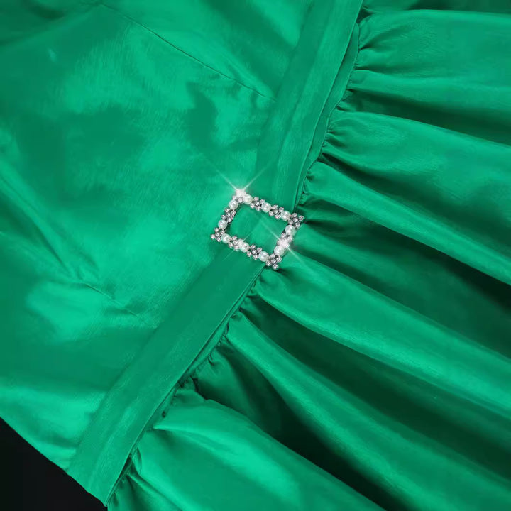 Damen Elegantes Midikleid mit Puffärmeln und diamantbesetztem Gürtel Drune