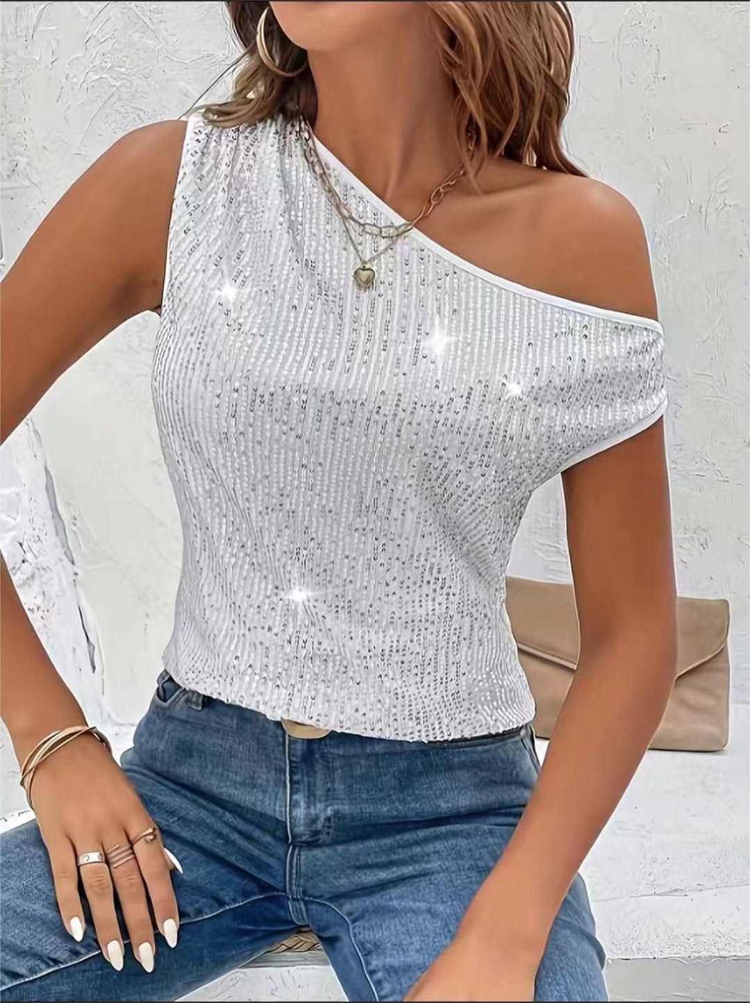 Damen Glitzerndes One-Shoulder Oberteil mit feinen Strassdetails Drune