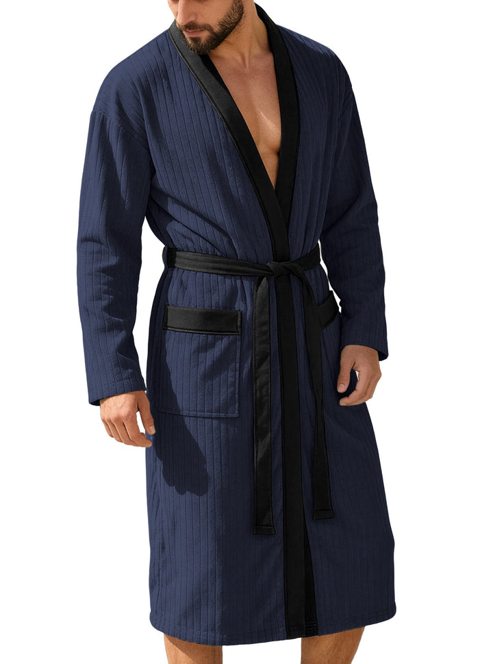 Herren nan wadenlanger Rippen-Bademantel im Kimono-Stil mit Schalkragen und Kontrastpaspel Drune