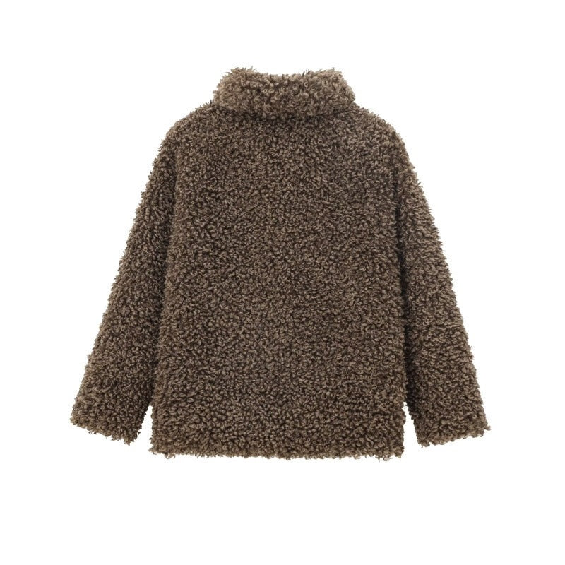 Damen Oversize-Kunstfell‑Teddyjacke mit Schalkragen und gefüttertem Innenfutter Drune