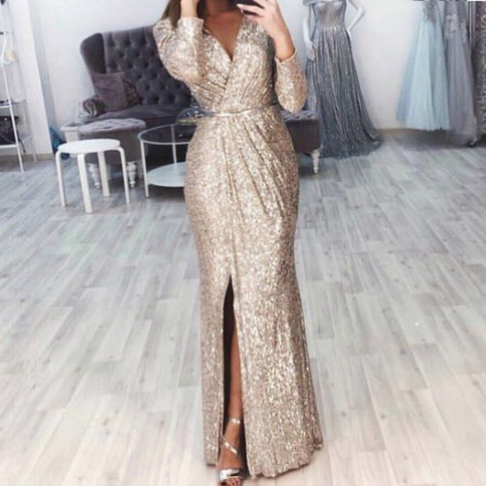 Damen Abendkleid mit Wickelfront, langem Beinschlitz und taillierter Meerjungfrauen‑Silhouette Drune