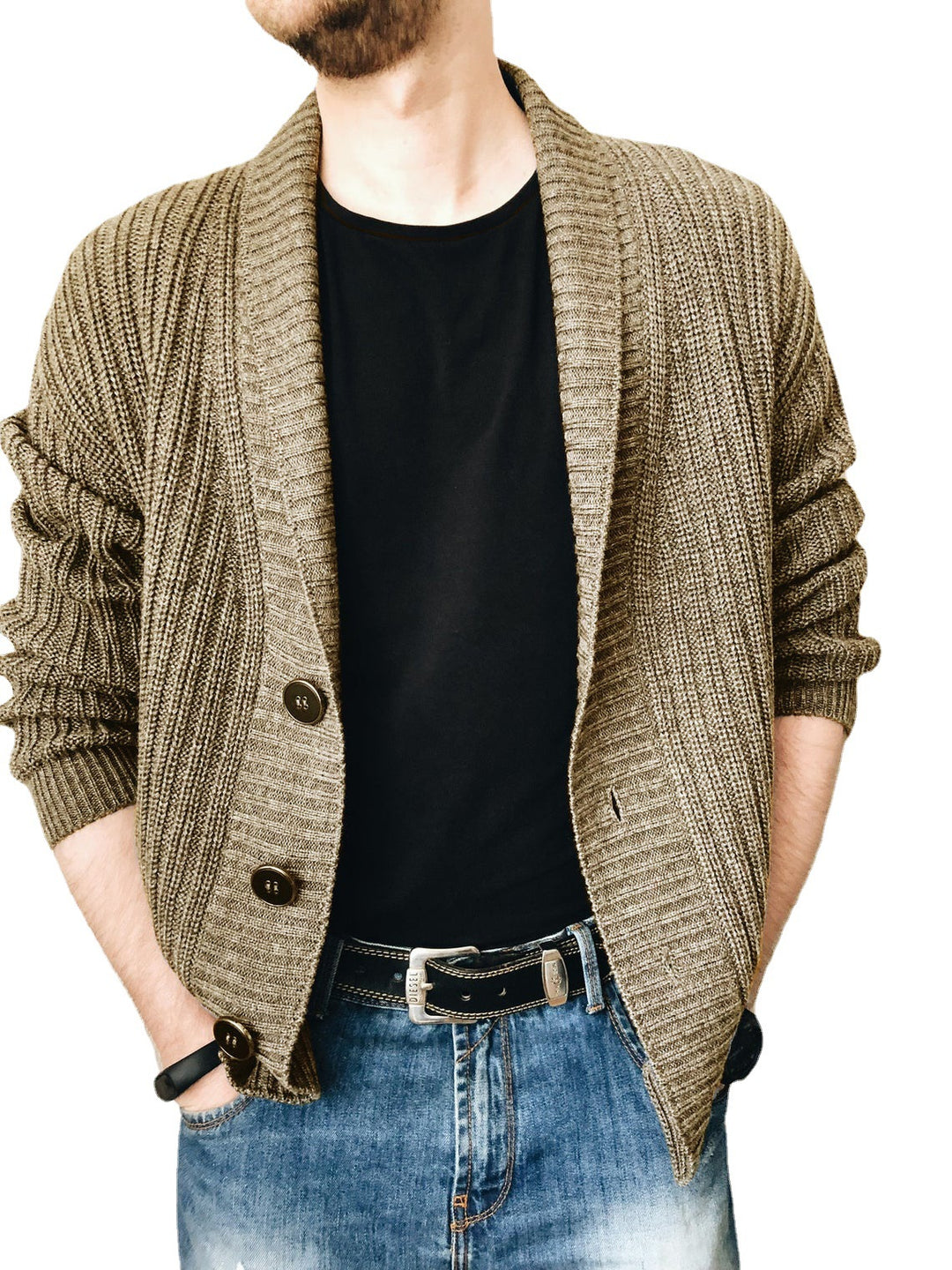 Herren Strickjacke mit tiefem Kragen Drune