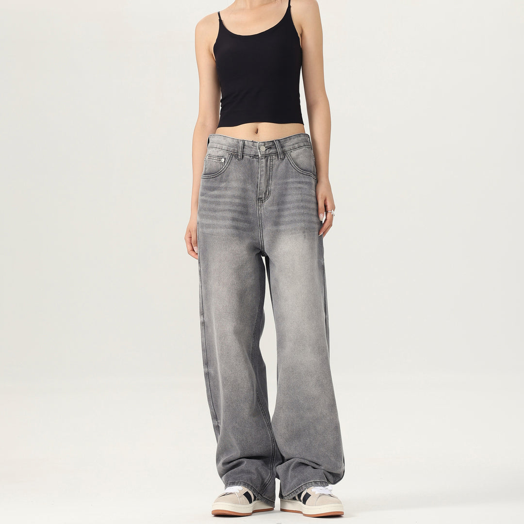 Damen Weitbeinige Stonewashed-Denim-Jeans mit tiefer Bundlinie und verlängertem Saum Drune