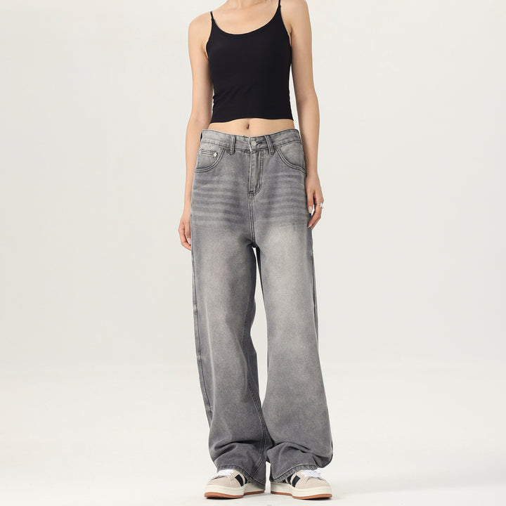 Damen Weitbeinige Stonewashed-Denim-Jeans mit tiefer Bundlinie und verlängertem Saum Drune