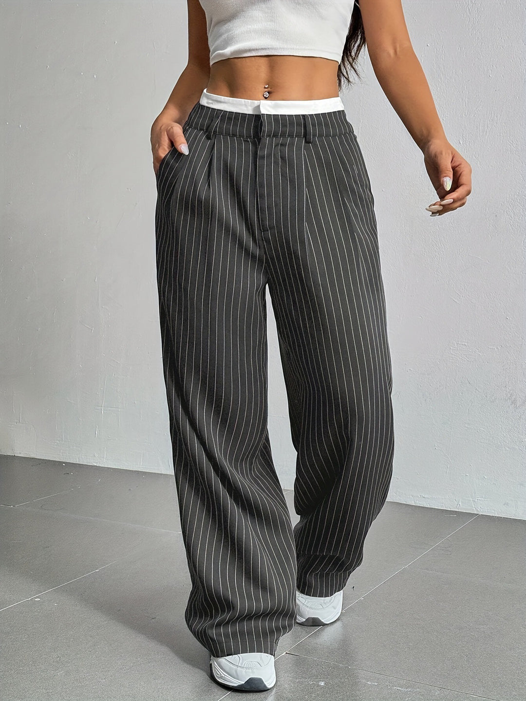 Damen Elegante Weite Hose mit Nadelstreifen und hohem Bund Drune