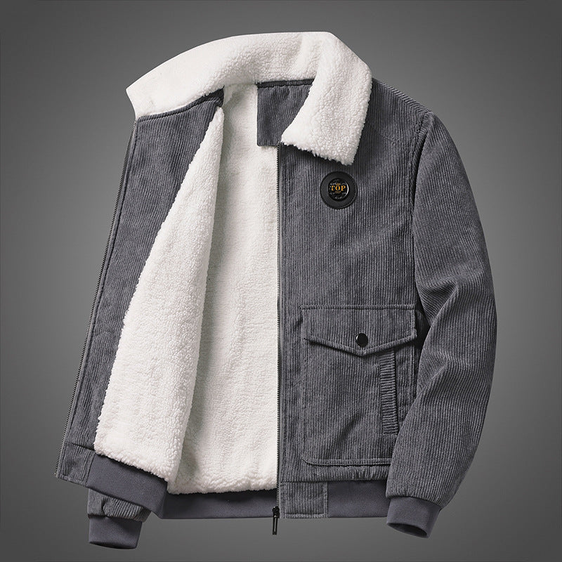 Herren Cord-Blouson mit durchgehendem Sherpa-Futter, Umlegekragen und Pattentaschen Drune