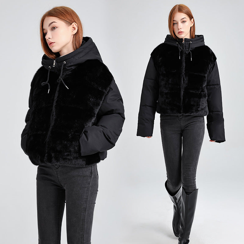 Damen Kurze Hybrid-Winterjacke mit samtiger Kunstfellfront und Kapuzenkragen Drune