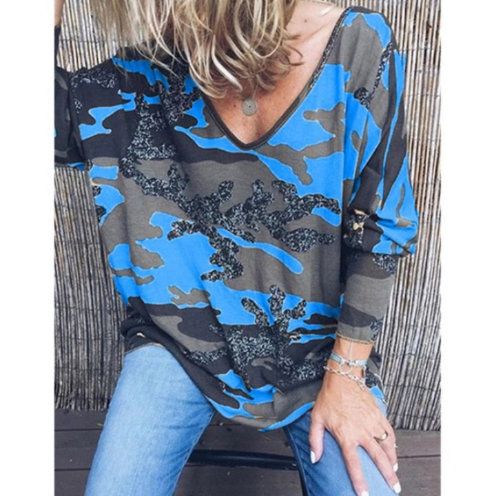 Damen Oversize V‑Ausschnitt Longshirt mit Camouflage‑Print und Glitzerbesatz Drune