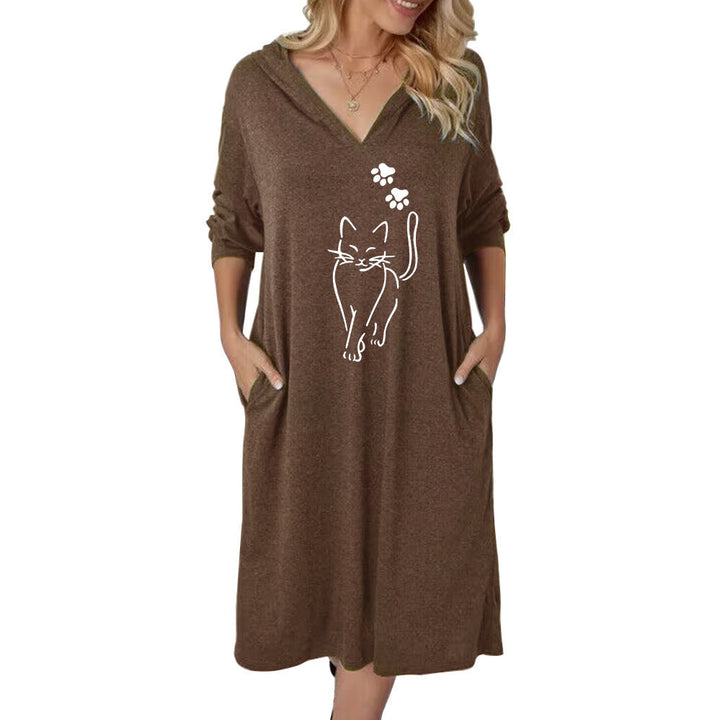 Damen Kapuzenkleid mit süßem Katzenmotiv und praktischen Taschen Drune