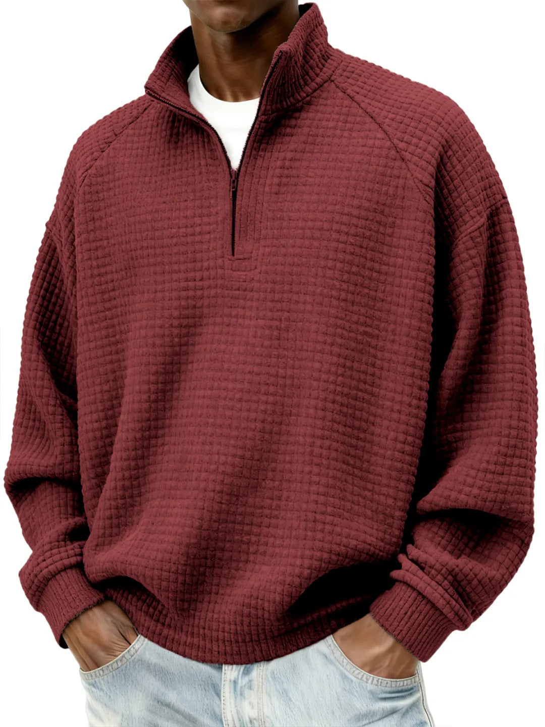 Herren Waffelstrick-Oversize-Pullover mit Halbreißverschluss und Stehkragen Drune