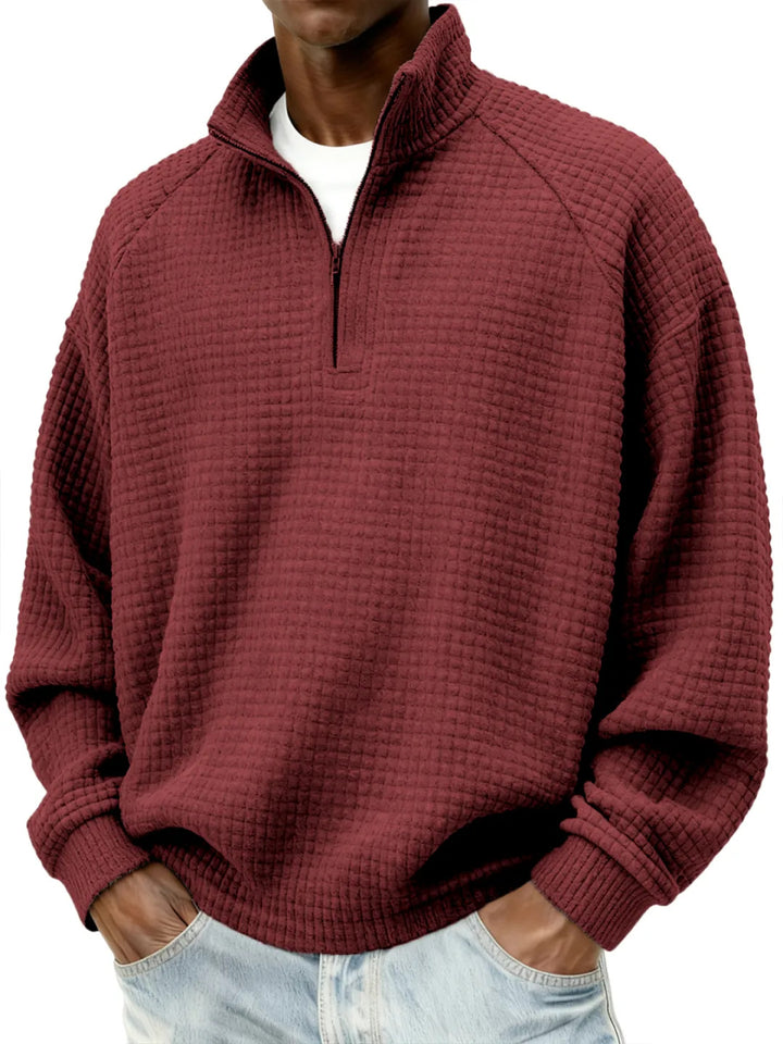 Herren Waffelstrick-Oversize-Pullover mit Halbreißverschluss und Stehkragen Drune