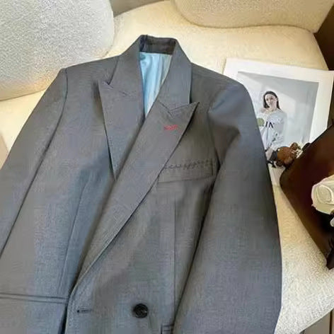 Damen Zweireihiger Oversize-Blazer mit schmalem Revers, Innenfutter & Pattentaschen Drune