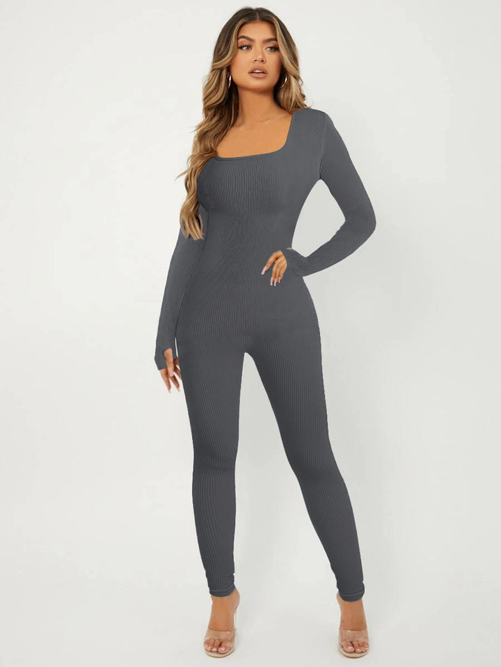 Damen Rippstrick Skinny Jumpsuit mit Quadratischem Ausschnitt, Langen Ärmeln und Daumenloch Drune