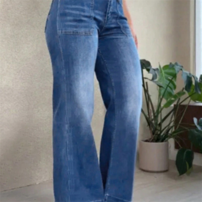 Damen Hochtaillierte Denim-Jeans mit weitem Schlagbein und aufgesetzten Vordertaschen Drune