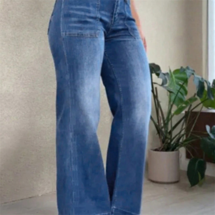 Damen Hochtaillierte Denim-Jeans mit weitem Schlagbein und aufgesetzten Vordertaschen Drune