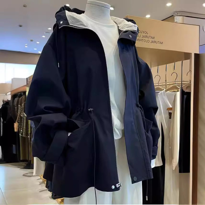 Damen Oversize-Kapuzenjacke mit Tunnelzug, Pattentaschen und Zwei-Wege-Reißverschluss Drune