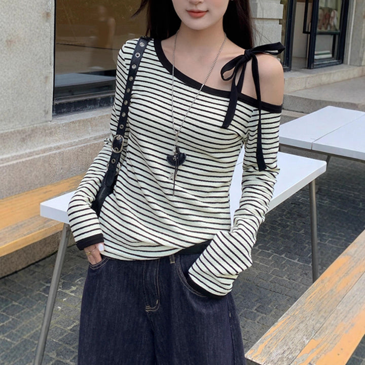 Damen schulterfreies Langarmshirt mit gestreiftem Design und dekorativen Schleifendetails Drune