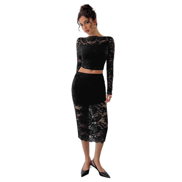 Damen nan zweiteiliges Spitzenensemble mit bauchfreiem Langarmoberteil und tailliertem Midirock Drune