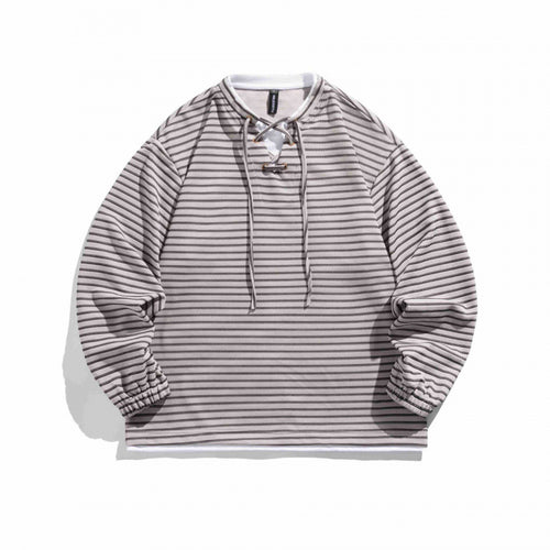 Unisex Gestreifter Oversize-Pullover mit Schnürkragen und Strukturstrick Drune