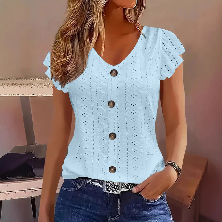 Damen elegante Bluse mit Spitzenmuster und Knopfverzierung Drune
