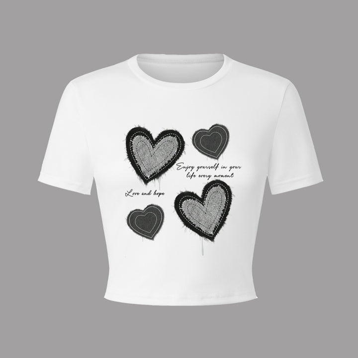 Damen Crop-T-Shirt mit kreativem Herzmotiv und motivierendem Schriftzug Drune