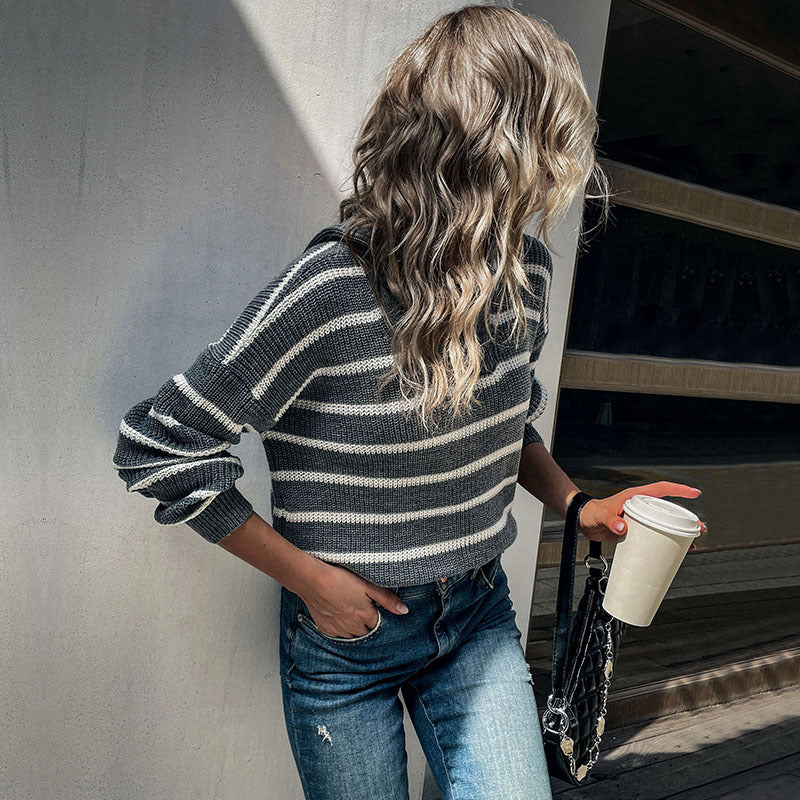 Damen Maritimer Streifenpullover aus Grobstrick mit kurzem Saum und Stehkragen Drune