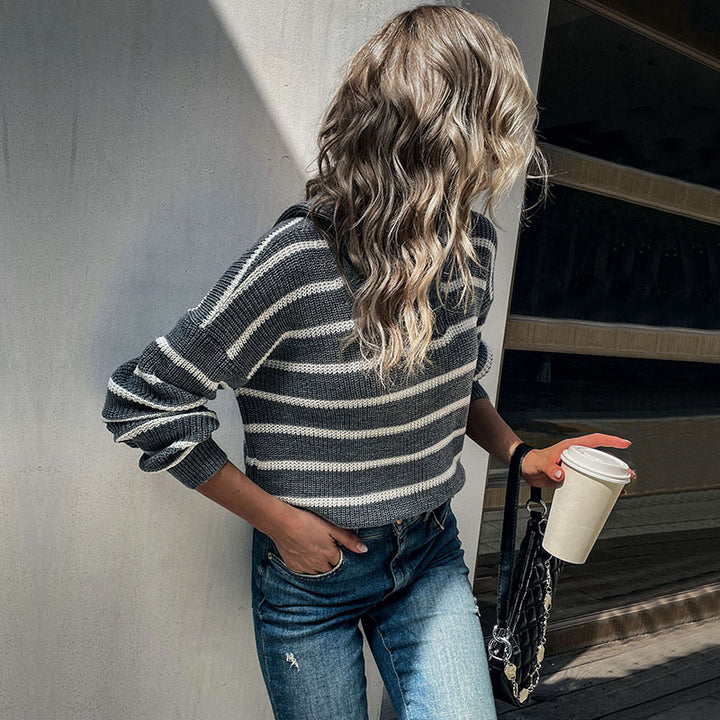 Damen Maritimer Streifenpullover aus Grobstrick mit kurzem Saum und Stehkragen Drune