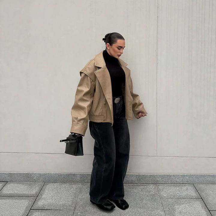 Damen Oversize-Lederimitat-Bomberjacke mit Boxy-Schnitt und weitem Revers Drune